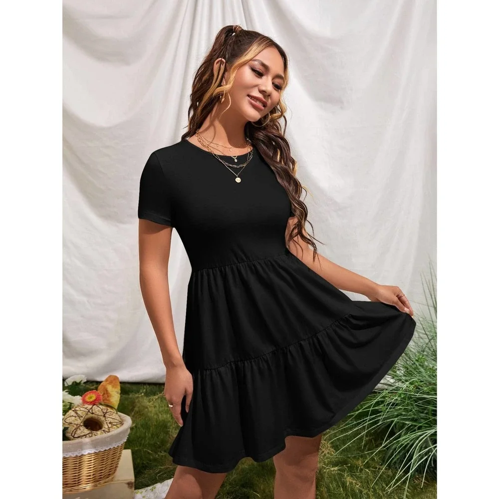 Short sleeve Ruffle Hem boho mini Dress black - Picture 4 of 12